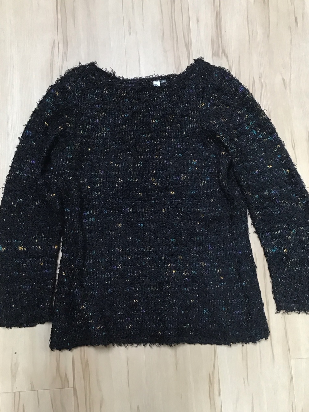 NY Collection Fuzzy Black Multicolor Teal Yellow Purple Speckled Sweater Small
